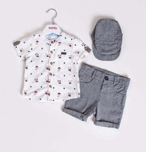 Baby Boys Two Piece Teddy Print Shirt & Shorts Set with Cap (9-24M)
