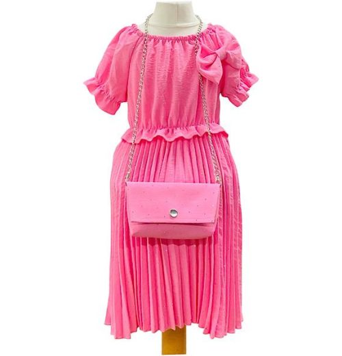 Girls Diamante Crinkle Bow Dress with Purse (4-14Y)