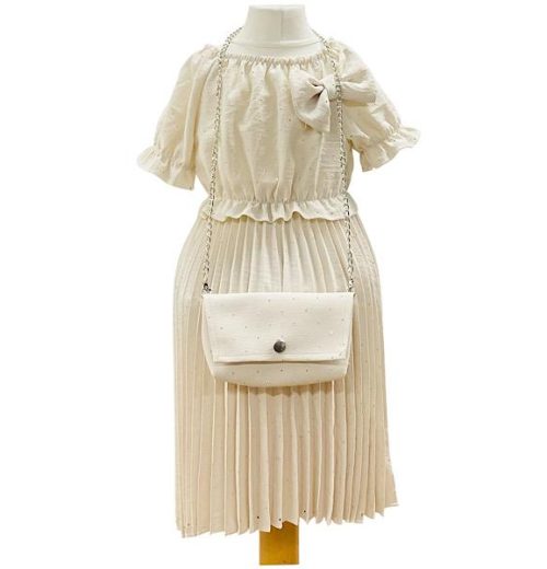 Girls Diamante Crinkle Bow Dress with Purse (4-14Y)