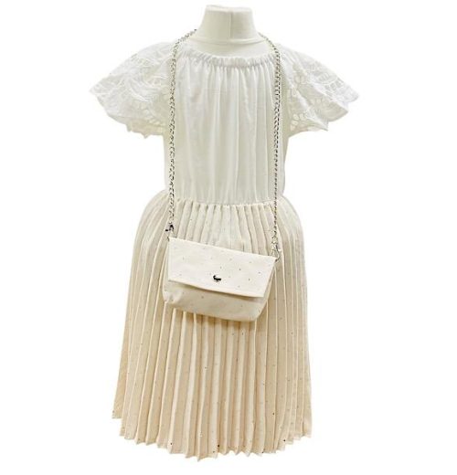 Girls Diamante Crinkle Cut Out Short Sleeve Dress with Purse (4-14Y)