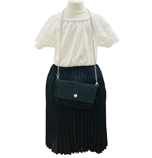 Girls Diamante Crinkle Cut Out Short Sleeve Dress with Purse (4-14Y)