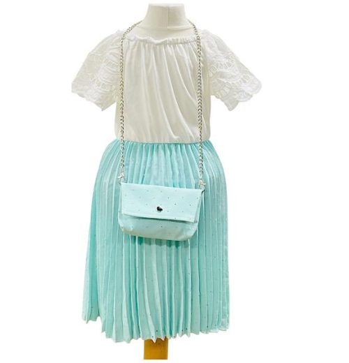 Girls Diamante Crinkle Cut Out Short Sleeve Dress with Purse (4-14Y)