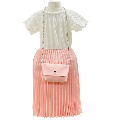 Girls Diamante Crinkle Cut Out Short Sleeve Dress with Purse (4-14Y)