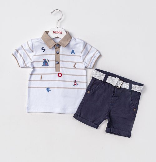 Baby Boys Two Piece Sailor Embroidered Stripe Polo T-Shirt & Chino Shorts Set (9-24M)