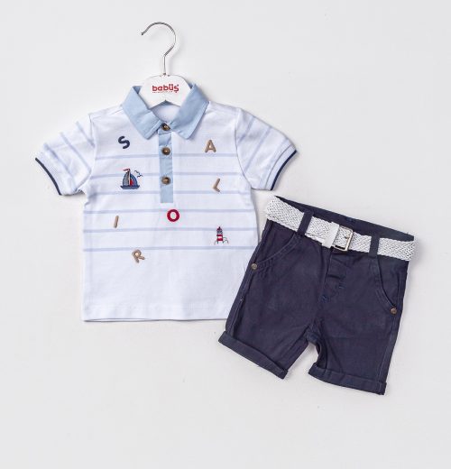 Baby Boys Two Piece Sailor Embroidered Stripe Polo T-Shirt & Chino Shorts Set (9-24M)