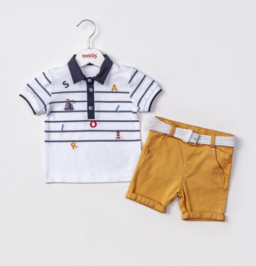 Baby Boys Two Piece Sailor Embroidered Stripe Polo T-Shirt & Chino Shorts Set (9-24M)