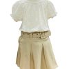 skt beige Girls Anglaise Top & Belted Pleated Skirt Set (4-14Y)