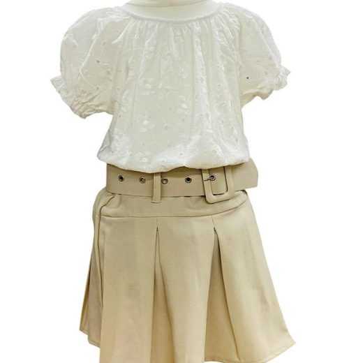 Girls Anglaise Top & Belted Pleated Skirt Set (4-14Y)