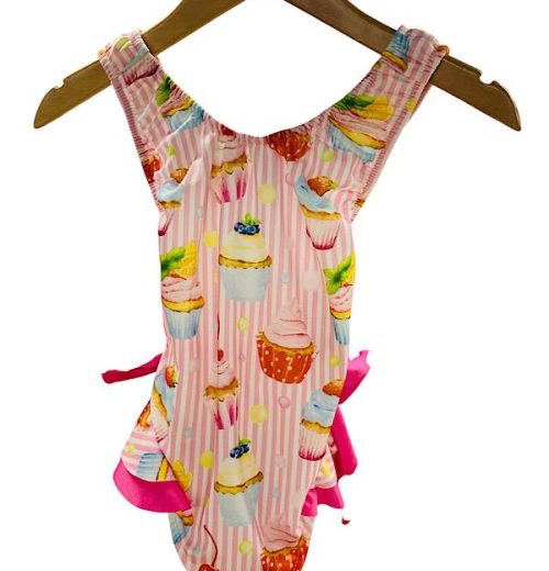 Girls Striped Cupcake Print Double Bow Swimsuit (4-14Y)