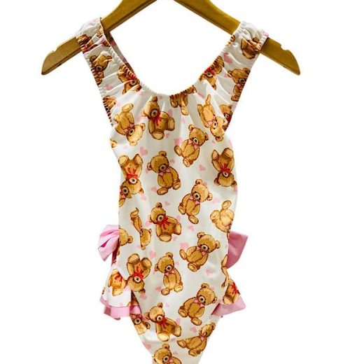 Girls Teddy Bear Print Double Bow Swimsuit (4-14Y)