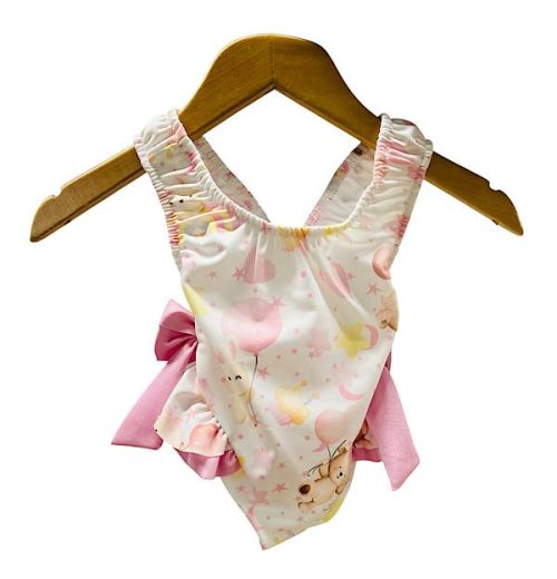 Baby Girls Teddy Bear Balloon Print Double Bow Swimsuit (6-36M)