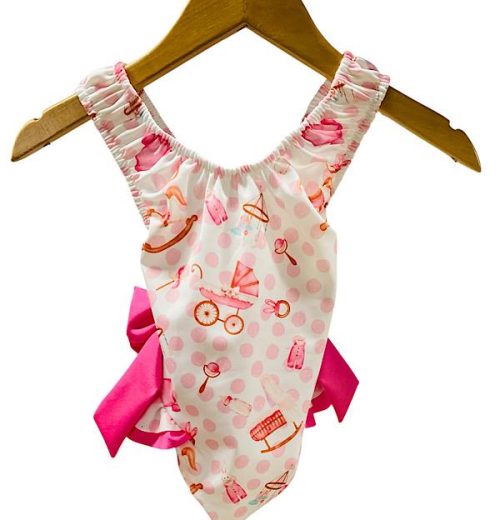 Baby Girls Polka Dot Pram Print Double Bow Swimsuit (6-36M)