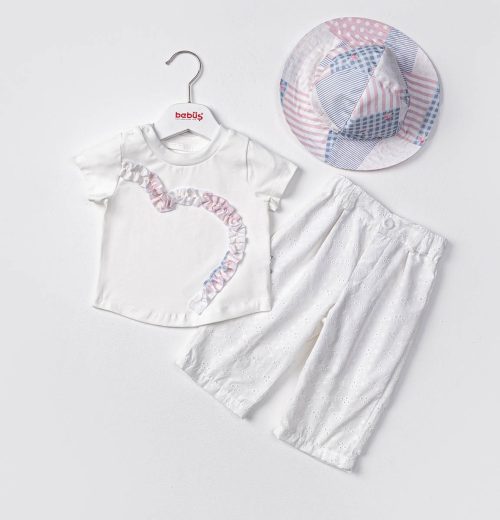 Baby Girls Cut & Sew Frill Stitch Top & Flares Set with Sun hat (9-24M)