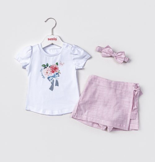 Baby Girls Floral Print T-Shirt & Shorts Set with Headband (9-24M)