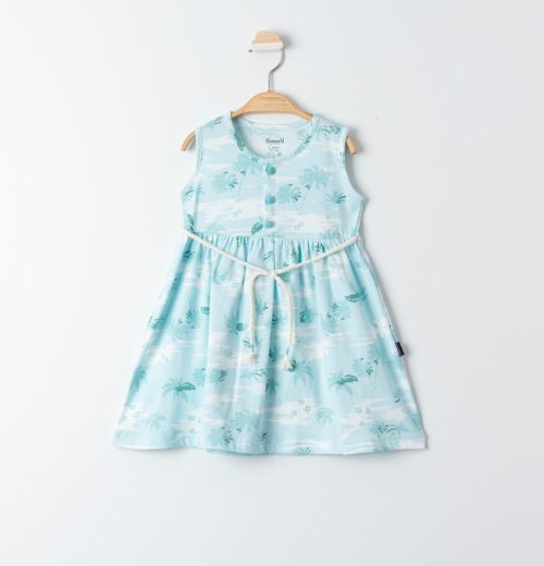 Girls Palm Tree Print Belted Beach Dress (3-6Y)