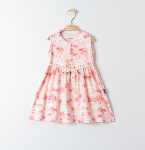 Girls Palm Tree Print Belted Beach Dress (3-6Y)