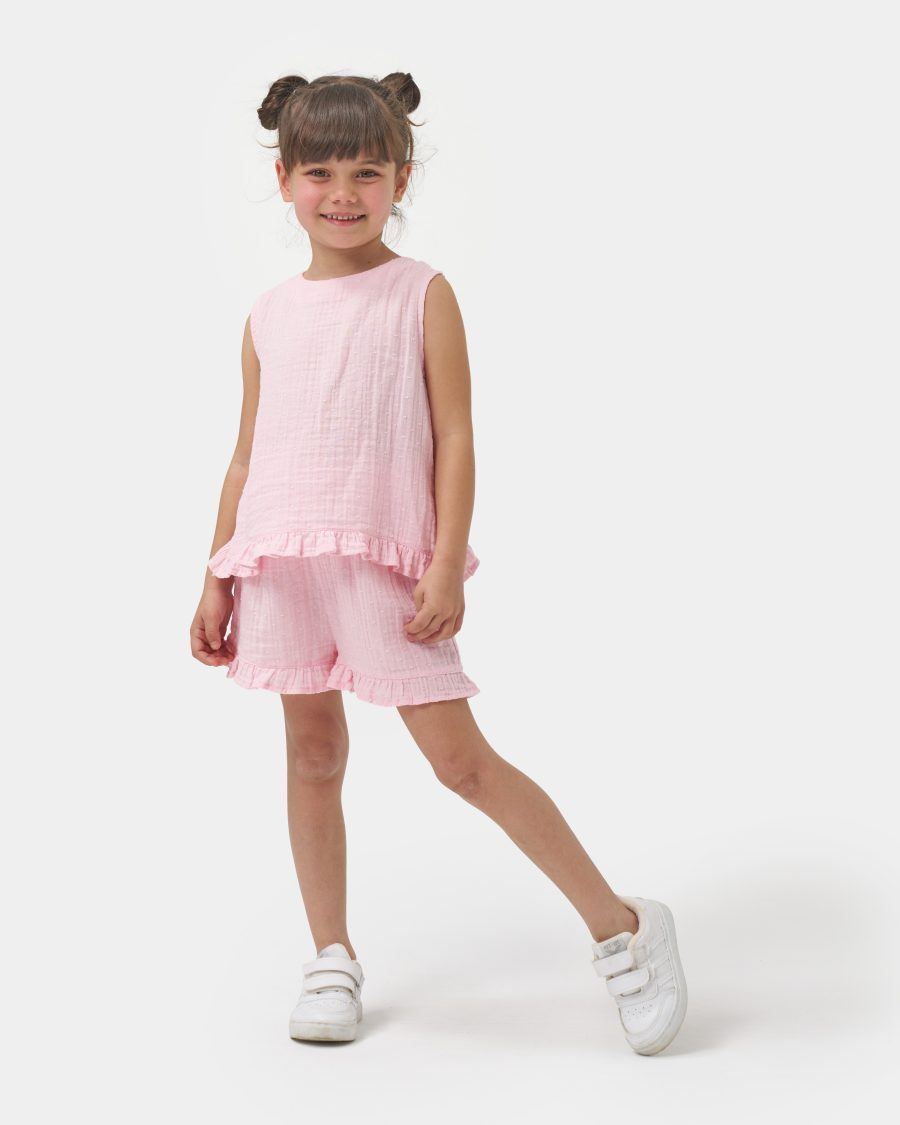 25308 1 scaled Girls Frilly Trim Embossed Shorts Set (2-5Y)
