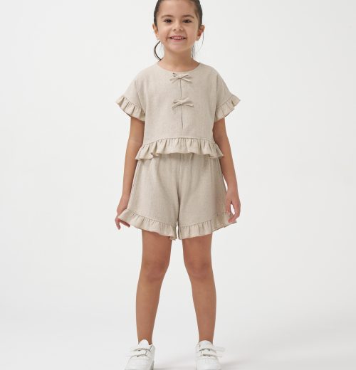 Girls Linen Frilly Double Bow Short Set  (3-8Y)