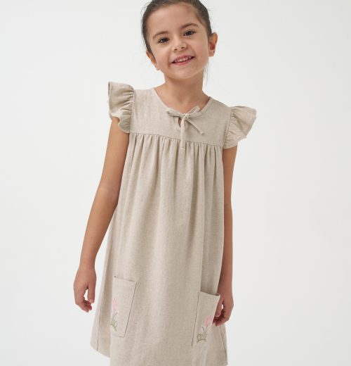 Girls Linen Flower Embroidered Frilly Sleeve Dress  (3-8Y)