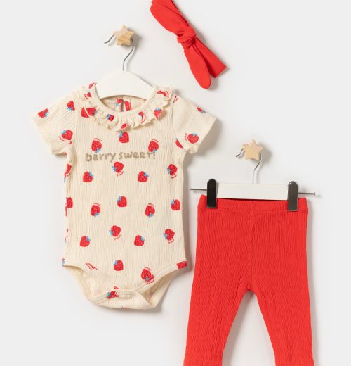 Baby Girls Strawberry Print Frilly Collar Vest Top & Legging Set with Headband  (6-18M)