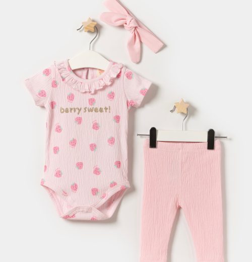 Baby Girls Strawberry Print Frilly Collar Vest Top & Legging Set with Headband  (6-18M)