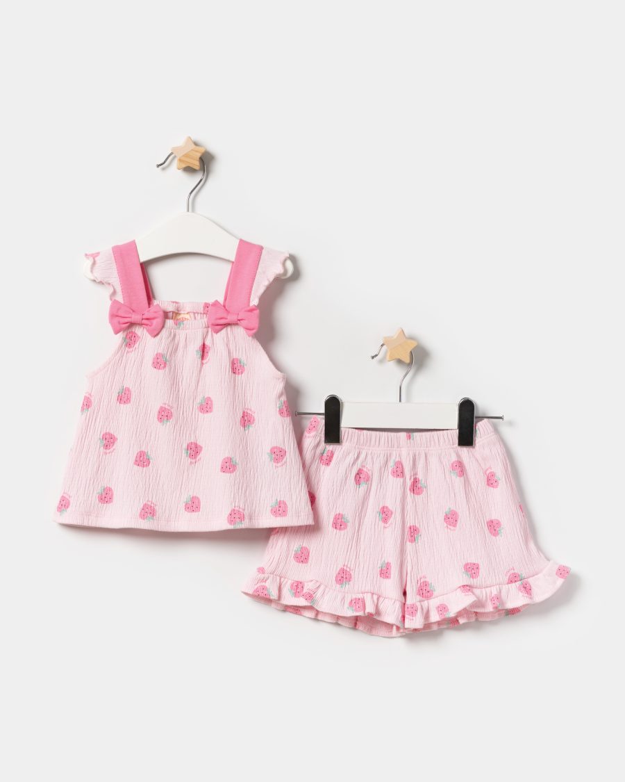 25371 1 scaled Baby Girls Strawberry Print Double Bow Top & Shorts Set (9-24M)