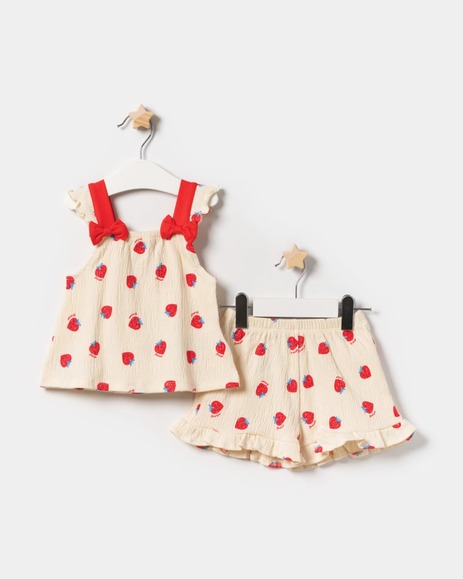 25371 2 scaled Baby Girls Strawberry Print Double Bow Top & Shorts Set (9-24M)