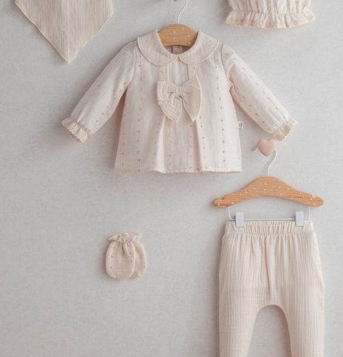 Baby Girls Five Piece Embossed Embroidered Bow Spanish Set with Hat & Mittens (NB)