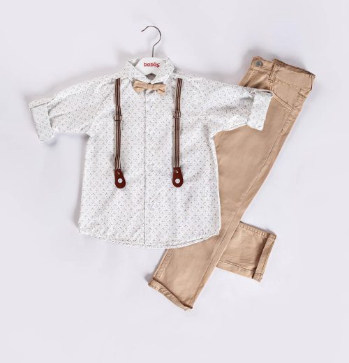 Boys Two Piece Polka Dot Shirt & Chinos Set with Bow Tie and Braces (6-9Y)