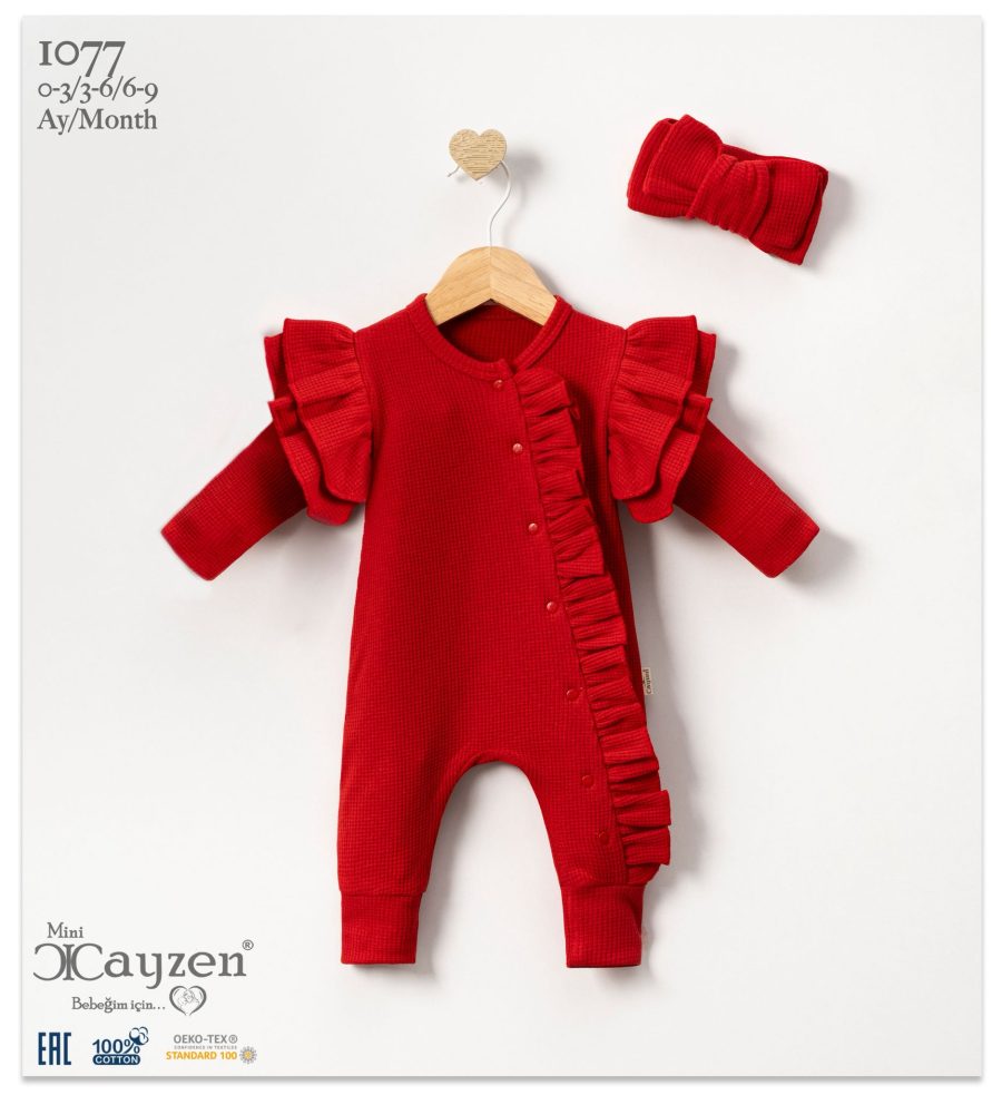 1077 red Baby Girls All in One Frilly Lace Spanish Romper with Headband (0-9M)