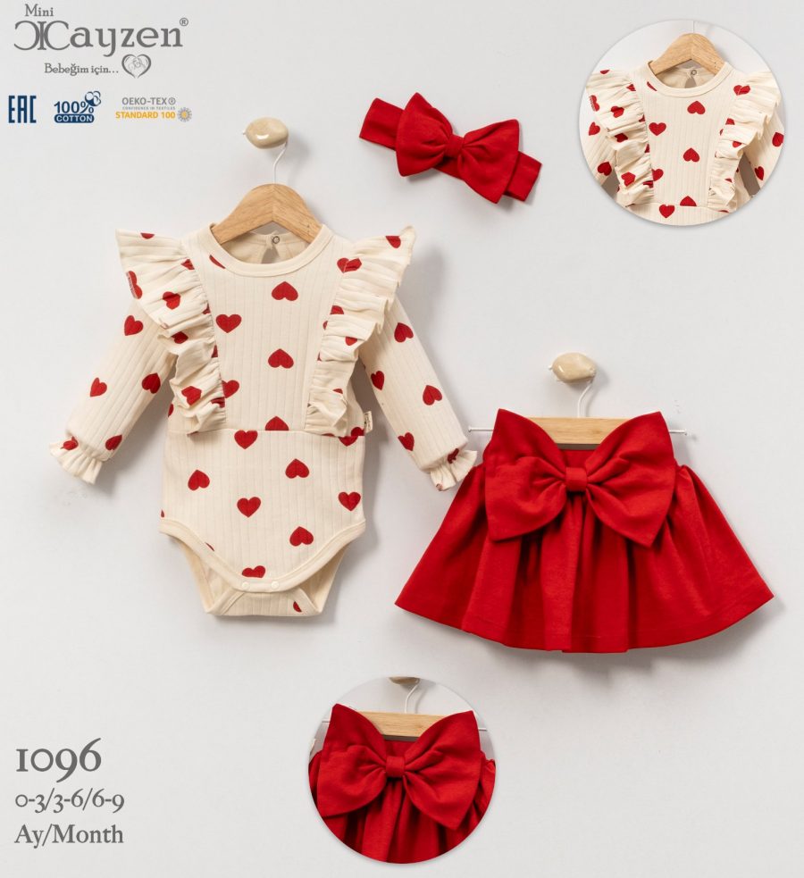 1096 Baby Girls Three Piece Heart Print Romper & Skirt Set with Headband (0-9M)