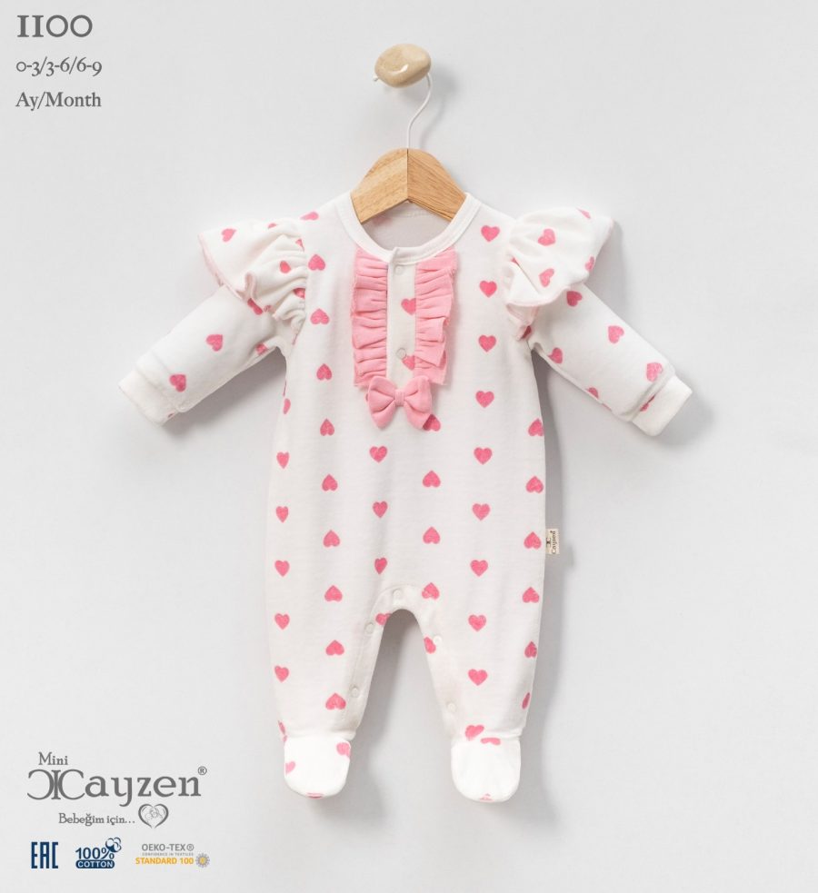 1100 pink Baby Girls All in One Frilly Bow Heart Print Velour Spanish Romper (0-9M)