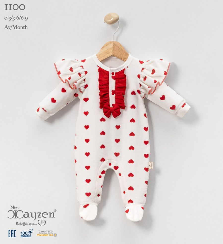 1100 red Baby Girls All in One Frilly Bow Heart Print Velour Spanish Romper (0-9M)