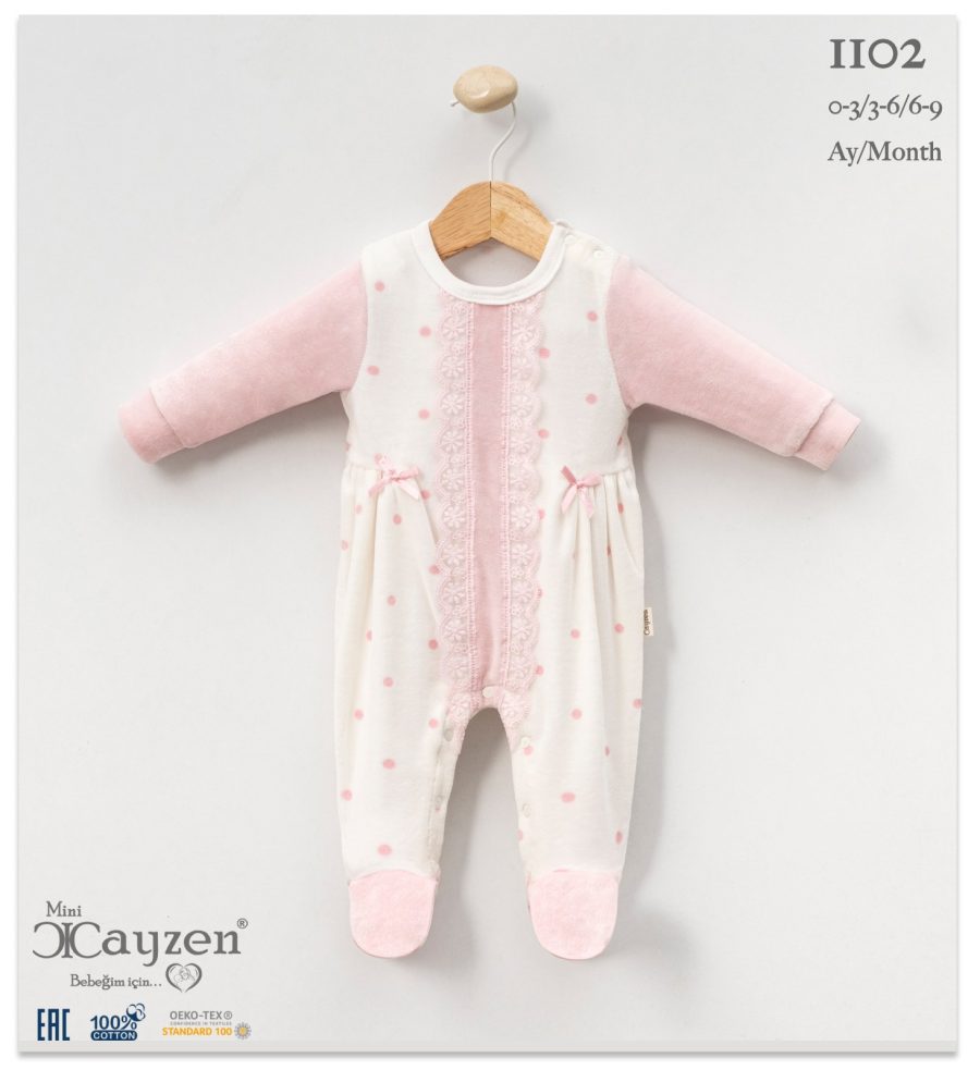 1102 PINK Baby Girls All in One Frilly Lace Bow Polka Dot Velour Spanish Romper (0-9M)