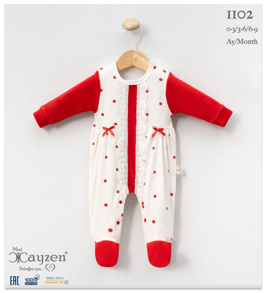 1102 RED Baby Girls All in One Frilly Lace Bow Polka Dot Velour Spanish Romper (0-9M)