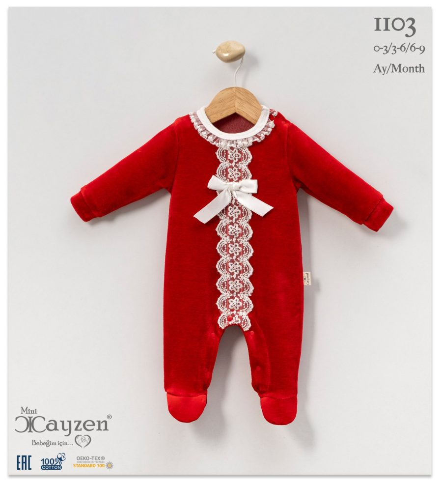 1103 red Baby Girls All in One Frilly Lace Velour Spanish Romper (0-9M)