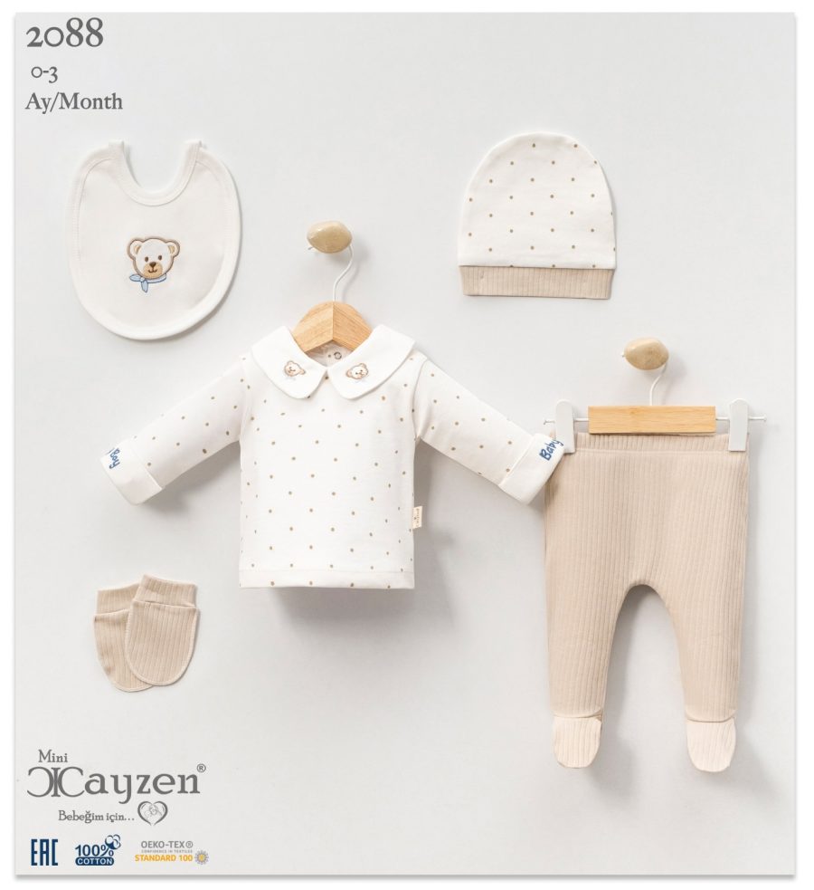 2088 beige Baby Boys Five Piece Polka Dot Teddy Set with Hat, Mittens and Bib (0-3M)