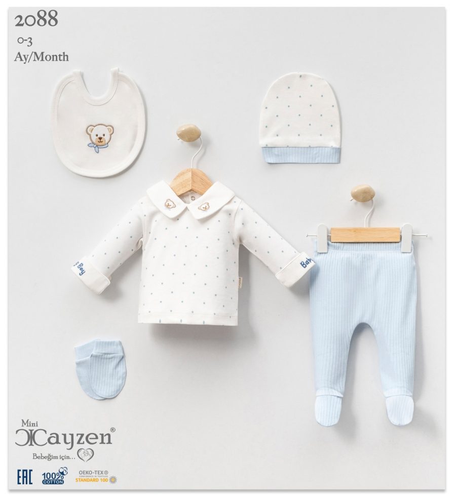 2088 blue Baby Boys Five Piece Polka Dot Teddy Set with Hat, Mittens and Bib (0-3M)