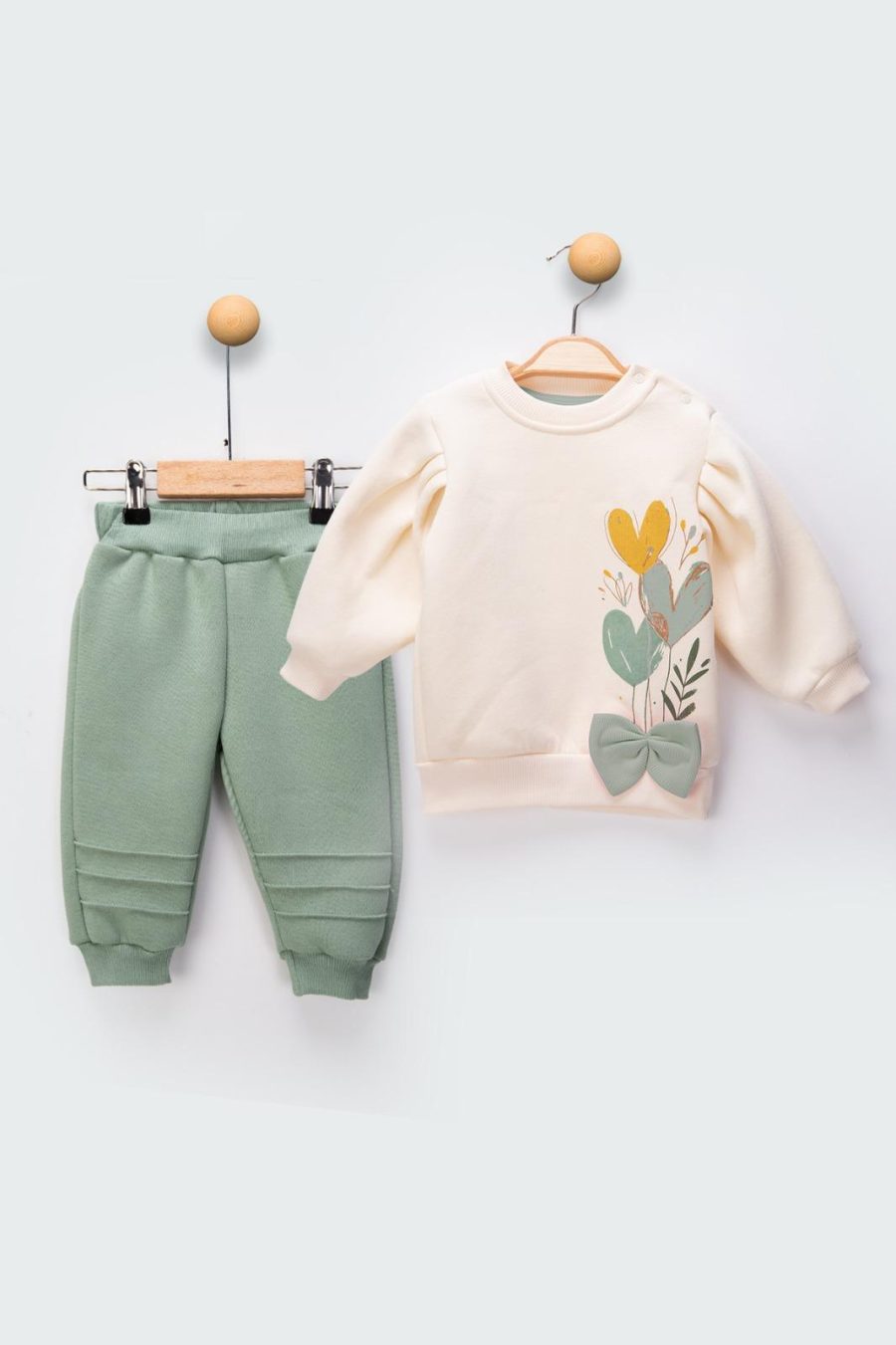 2481 green Baby Girls Two Piece Heart Print Bow Tracksuit (9-24M)
