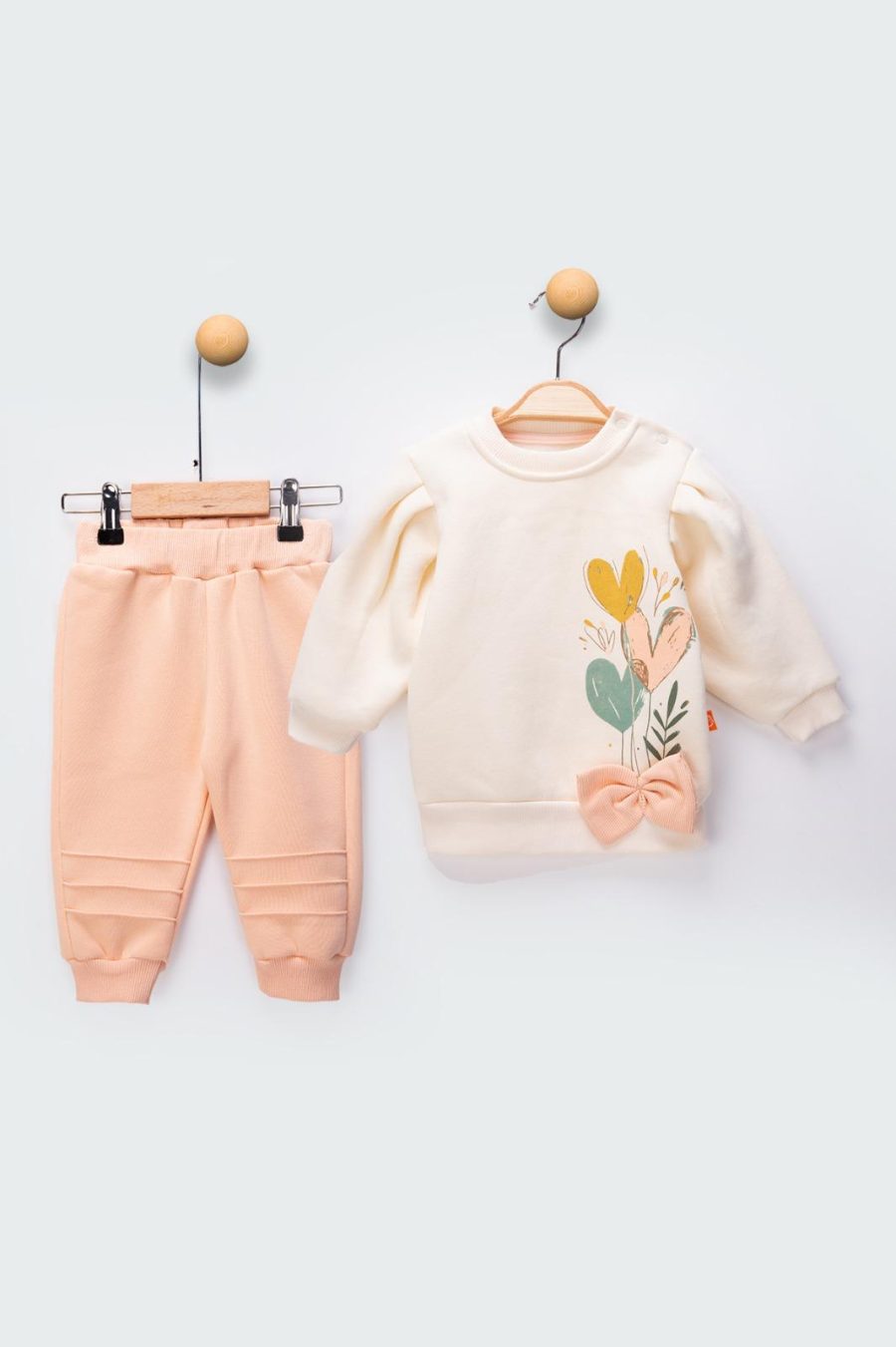 2481 peach Baby Girls Two Piece Heart Print Bow Tracksuit (9-24M)