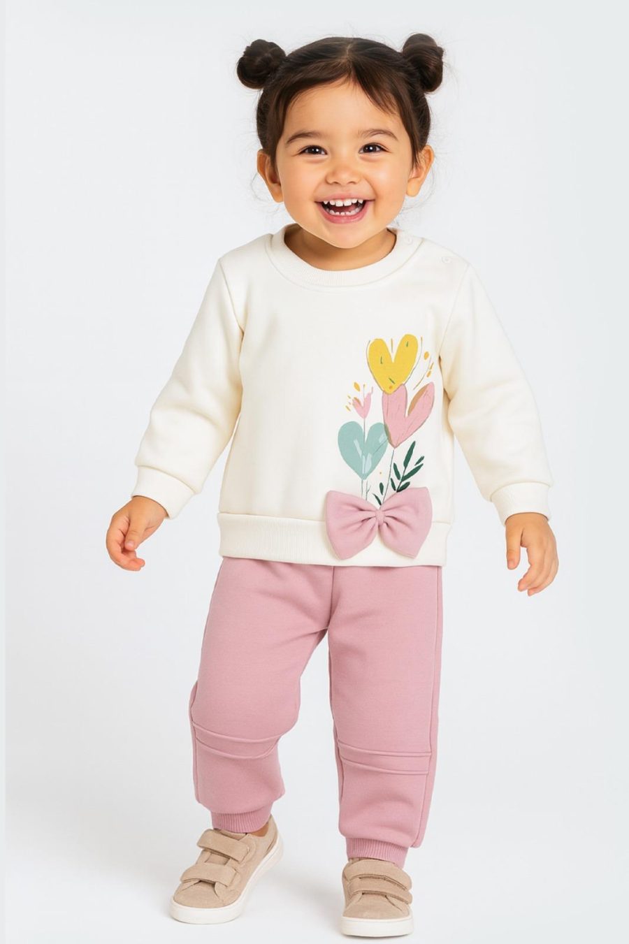 2481 pink Baby Girls Two Piece Heart Print Bow Tracksuit (9-24M)