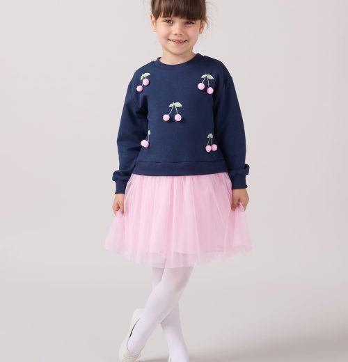 Girls Pom Pom Cherries Full Sleeve Dress (3-7Y)