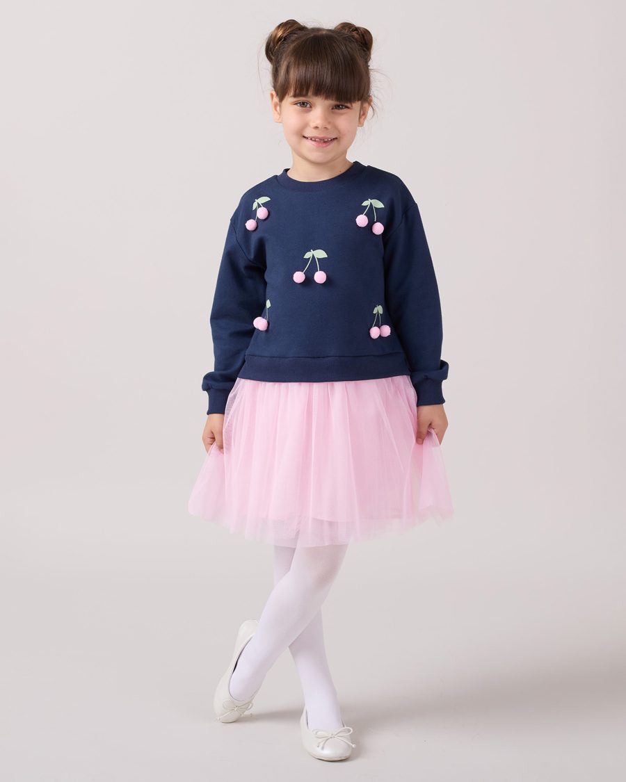 25500 1 scaled Girls Pom Pom Cherries Full Sleeve Dress (3-7Y)