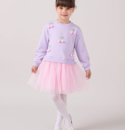 Girls Pom Pom Cherries Full Sleeve Dress (3-7Y)
