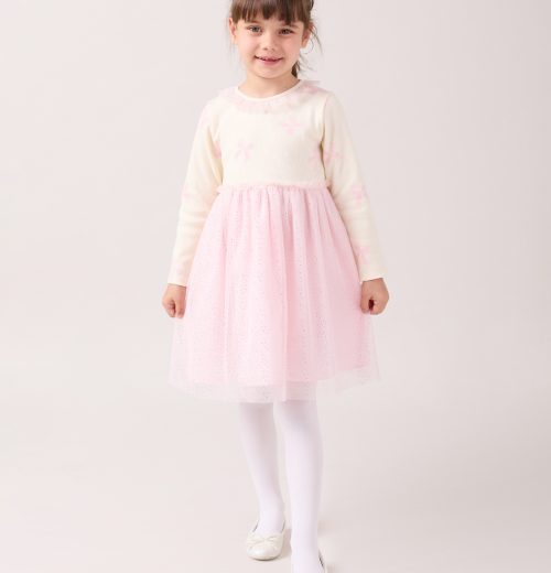 Girls Glitter Bow Print Full Sleeve Dress (2-5Y)
