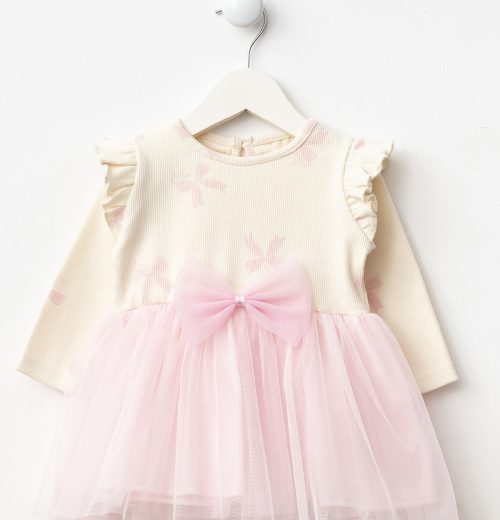 Baby Girls Bow Print Full Sleeve Net Dress (9M-3Y)