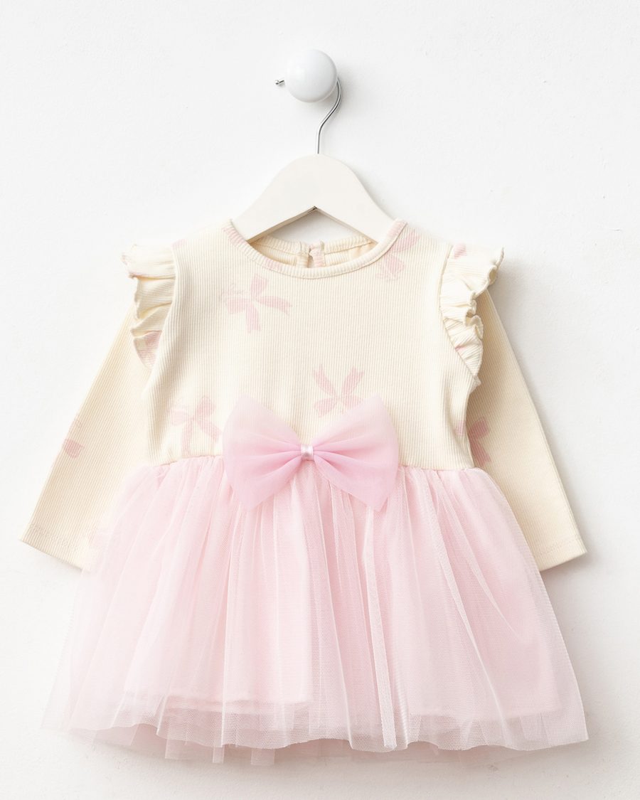 25502 5 scaled Baby Girls Bow Print Full Sleeve Net Dress (9M-3Y)