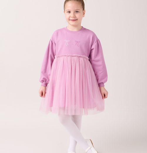 Girls Bow Embroidered Net Trim Full Sleeve Dress (3-7Y)