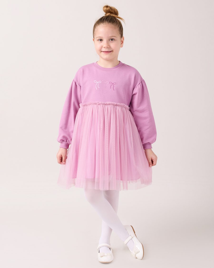 25504 11 scaled Girls Bow Embroidered Net Trim Full Sleeve Dress (3-7Y)
