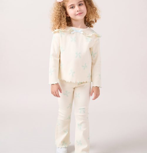 Girls Bow Print Frilly Collar Top & Leggings Set (2-6Y)